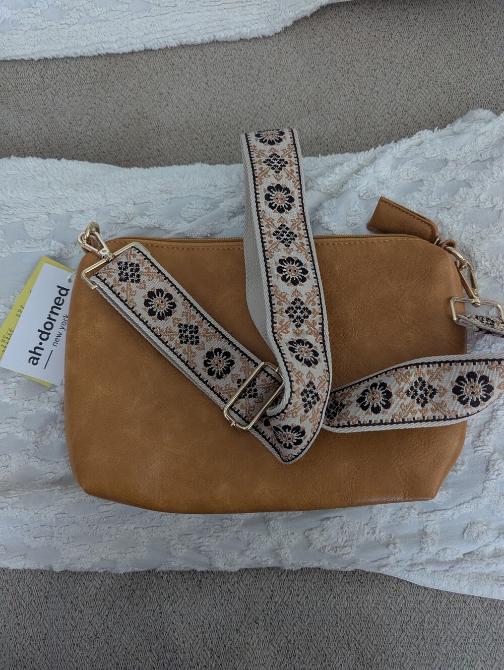 Ahdorned Tan Vegan Leather Crossbody Bag with Embroidered Strap